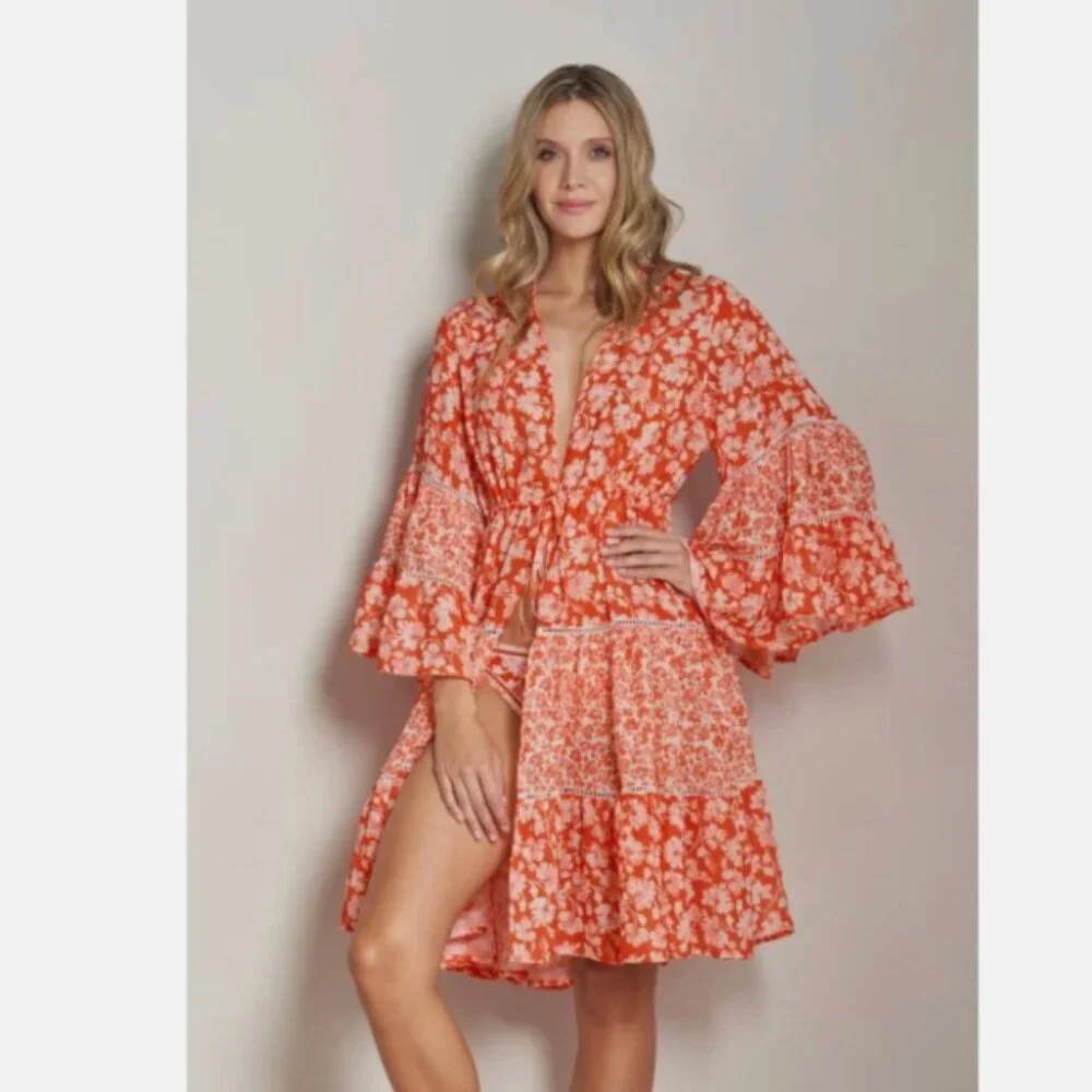 NWT Cosita Linda Floral Bell Sleeve Kimono Cover Up Medium Resortwear - Picture 3 of 8